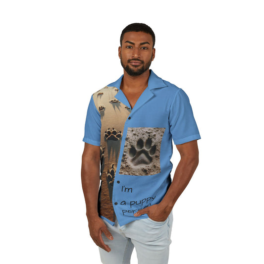 Puppy Themed Hawaiian Camp Shirt, Fun Summer Shirt, Gift for Dog Lovers, Vacation Outfit, Beachwear, Unique Camping Apparel
